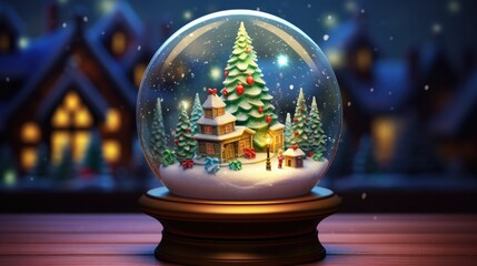 Fototapeta na wymiar Snow globe with Christmas tree and cozy cottage festive decoration. Holiday season and winter wonderland.