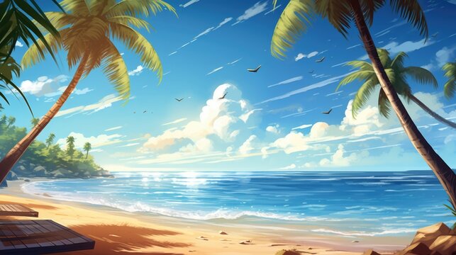 Tropical beach landscape with palm trees and clear blue sky. Vacation and travel.