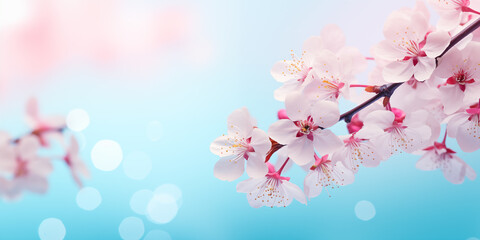 Fototapeta na wymiar Delicate pink cherry tree blossom flowers blooming in spring, easter time against a natural sunny blurred sky Garden banner background blue, yellow and white bokeh. Graphic resource for copy space 