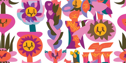 Naive art style vector pattern made with hand-drawn doodles and simple geometric forms and shapes, useful for backgrounds, poster art, textile design, decorative prints, invitation letters, etc.