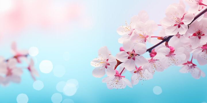 Delicate pink cherry tree blossom flowers blooming in spring, easter time against a natural sunny blurred sky Garden banner background blue, yellow and white bokeh. Graphic resource for copy space 