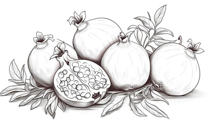 Black and white drawing. Pomegranate fruit. Healthy food concept. Arrange a beautiful top view with space on a white background.