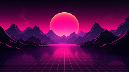 the sun setting over mountains in an 80s style game screen