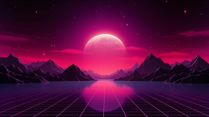 A silhouette of mountains illuminated by a radiant sunset in the background of a video game screen - obrazy, fototapety, plakaty