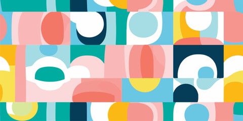 Fun colorful seamless pattern collection. Creative 90s style geometric shape background for children or trendy design with abstract collage shapes. Simple and playful doodle wallpaper print set.