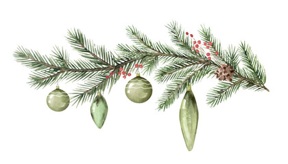 Fototapeta na wymiar Watercolor winter greenery wreath illustration.