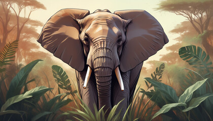 An close up impressive African elephant standing in the lush jungle, exotic flowers and planty environment - obrazy, fototapety, plakaty