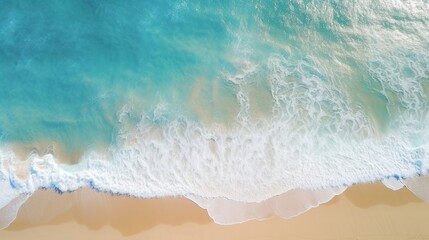 Sea and beach aerial view, Top view, amazing nature background. A beautiful strip of white sand surrounded by crystal clear water. Aerial view of the sandy beach near the sea with waves 