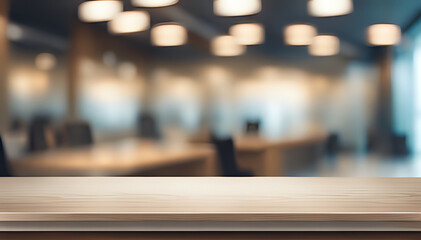 Empty wooden table on abstract office room for product presentation - space for a montage showing the product - obrazy, fototapety, plakaty