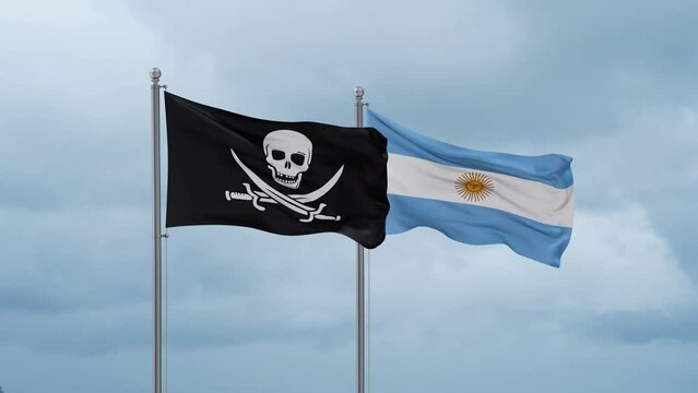 Argentina flag and Corsair flag waving together on cloudy sky, endless seamless loop, two country relations concept