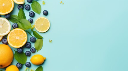 Summer background with lemon fruits, orange, blueberries and mint leaves. Fruits for Summer Lemonade. Summer concept. Flat lay, top view, copy space  - obrazy, fototapety, plakaty