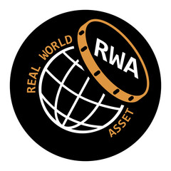 REAL WORLD ASSET icon, RWA acronym crypto, tokenized real world asset token illustration. Text version. RW asset, dark theme, black background.