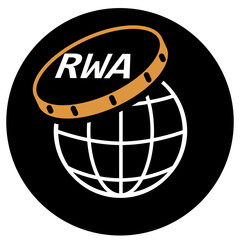 REAL WORLD ASSET icon, RWA acronym crypto, tokenized real world asset token illustration. RW asset, dark theme, black background.