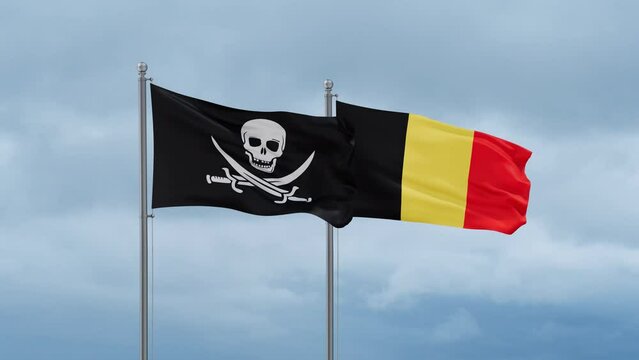 Belgium flag and Corsair flag waving together on cloudy sky, endless seamless loop, two country relations concept