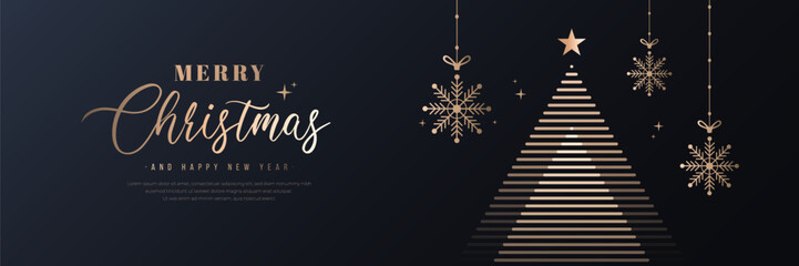 Merry christmas and happy new year banner. Elegant golden line christmas tree, snowflake decoration, star on dark background. Luxury xmas greeting card design. Vector Illustration