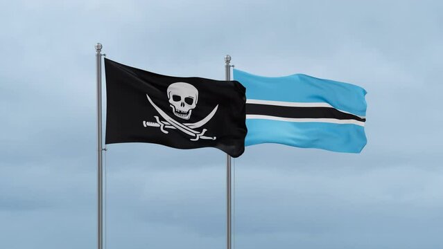 Botswana flag and Corsair flag waving together on cloudy sky, endless seamless loop, two country relations concept