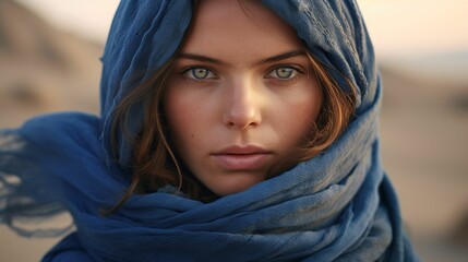 AI generated illustration of a female in a windy desert, her blue scarf billowing in the breeze - obrazy, fototapety, plakaty