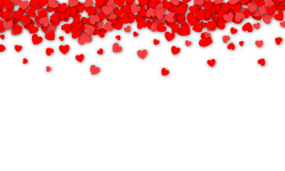 Valentines day background design with red heart stickers scattered on transparent background. Paper hearts with realistic shadow. Vector background EPS 10