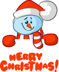 Funny snowman holding white page. Greeting Christmas card, vector illustration isolated.