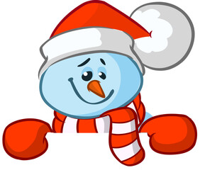 Funny snowman holding white page. Greeting Christmas card, vector illustration isolated.