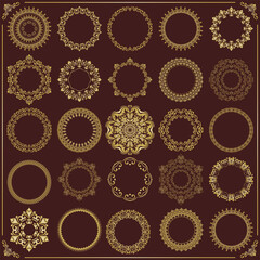 Vintage set of vector round elements. Different elements for design frames, cards, backgrounds and monograms. Classic brown golden patterns. Set of vintage patterns - 687973161