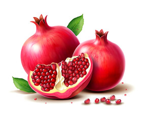 bright red pomegranate fruit healthy food concept Arrange a beautiful top view with space on a white background.