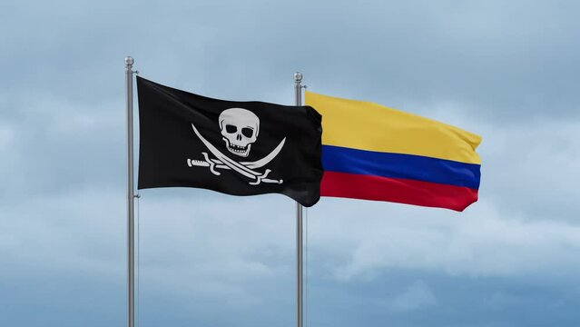 Colombia and Corsair flag waving together on cloudy sky, endless seamless loop, two country cooperation concept