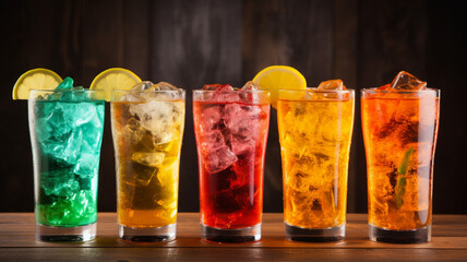 Colorful and refreshing soda served with ice in a clear glass