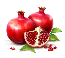 bright red pomegranate fruit healthy food concept Arrange a beautiful top view with space on a white background.