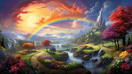 Obraz na płótnie Canvas Fantasy landscape with rainbow, waterfalls, and magical castle. Dreamy nature scenery.