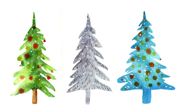 Watercolor holiday Christmas trees. Hand drawn illustration. Isolated on a white background.