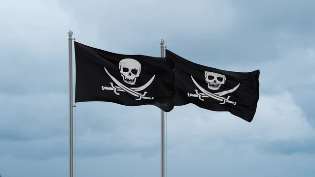 Two Corsair flags waving together on cloudy sky, endless seamless loop