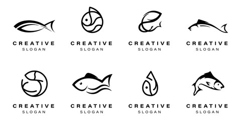 Black fish logo collection on a white background. Fish icon logo templates. Creative fish logo - obrazy, fototapety, plakaty