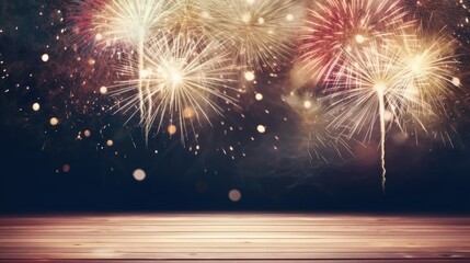 Wooden table or floor empty for product placement with new year firework in background comeliness - obrazy, fototapety, plakaty