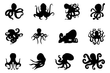 Octopus silhouette collection in black. Set of black octopus silhouette. Collection of octopus silhouettes