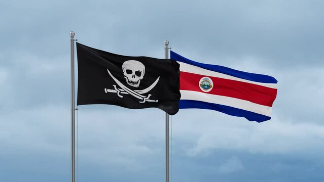Costa Rico and Corsair flag waving together on cloudy sky, endless seamless loop, two country cooperation concept
