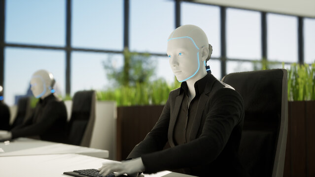 3d rendering humanoid robots working in modern office, future concept