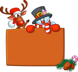 Funny snowman and reindeer holding wooden blank board. Greeting Christmas card, vector illustration isolated.