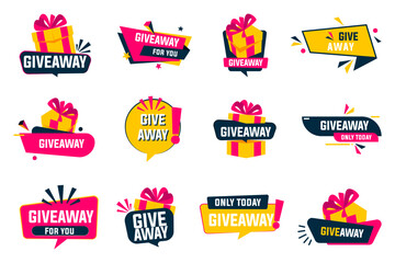 Giveaway present box badges in cartoon style. Opened surprise gift box with confetti. Mystery box prize, surprise package with giveaway lettering - obrazy, fototapety, plakaty