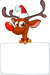 Cartoon funny red nose reindeer holding a blank paper board for Christmas or New Year greetings. Christmas illustration. Vector isolated