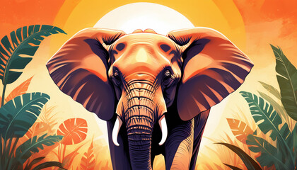 illustration of an African elephant standing in the lush jungle at sunset, exotic planty environment	 - obrazy, fototapety, plakaty
