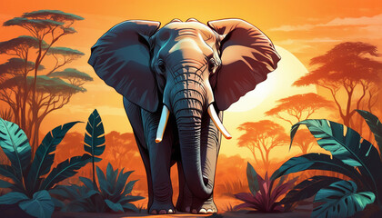 An impressive African elephant standing in the lush jungle, palm trees and sunset sky