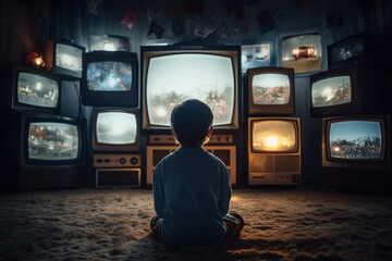 a child is sitting on the floor in a room in front of a lot of television screens hanging over him, a view from the back
