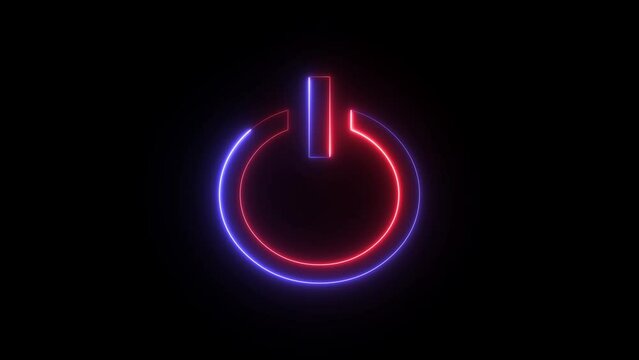 Blue and pink neon glowing power button abstract black background. 3d rendering - illustration. Neon start button icon