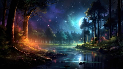 Enchanted nighttime forest landscape with celestial skies. Fantasy world imagery.