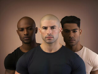 Photo of diverse ethnicities. Three men model poses. High-resolution