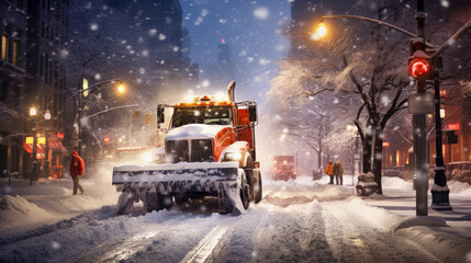 Snowplow truck clearing roads during snowstorm. Snow blower removing snow on the road after blizzard