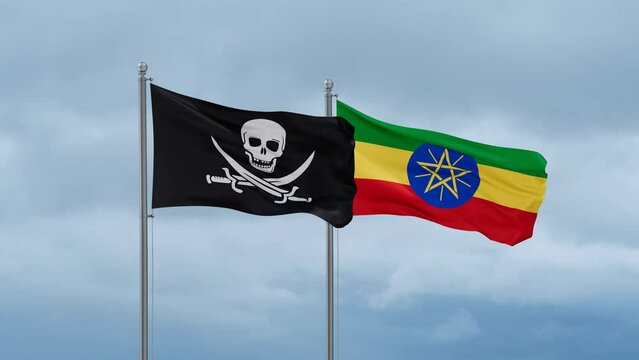 Ethiopia flag and Corsair flag waving together on cloudy sky, endless seamless loop, two country relations concept