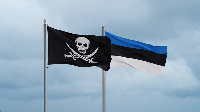 Estonia flag and Corsair flag waving together on cloudy sky, endless seamless loop, two country relations concept