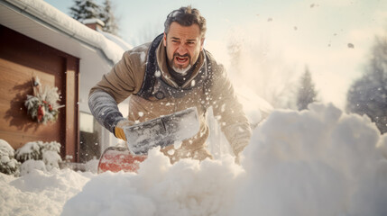 A person removing snow from a path with a shovel on a snowy day. Snow shoveling close-up. - obrazy, fototapety, plakaty